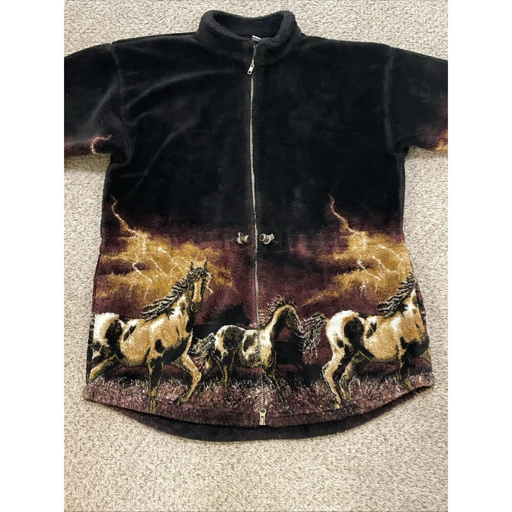 Vintage Y2K MAZMANIA Deep Pile Fleece Zip Up Jacket Unisex XL Horses USA - Picture 2 of 6